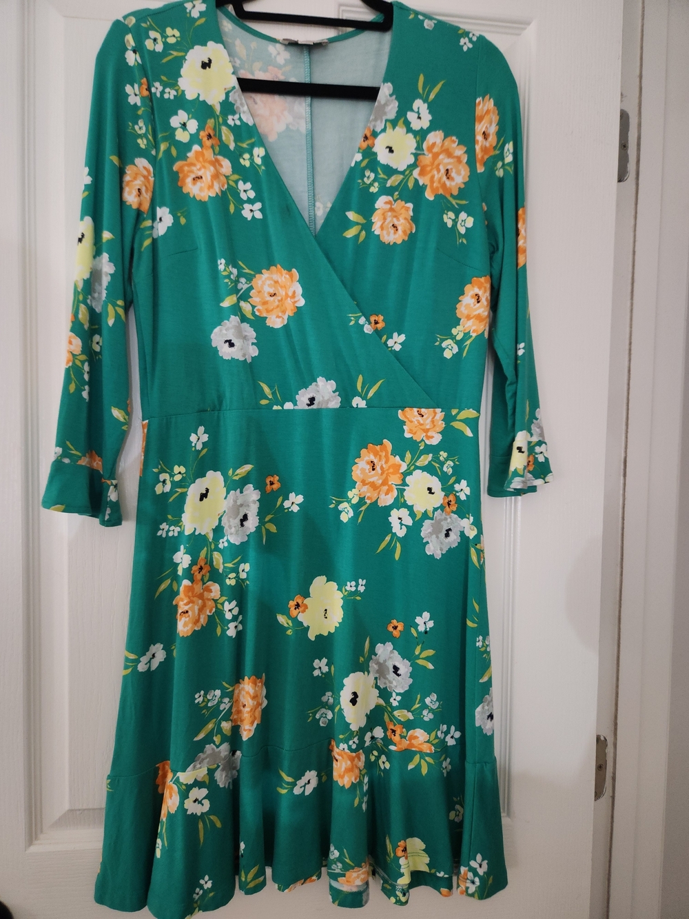 LOFT Teal Floral Midi Dress with Orange and Cream Blooms
